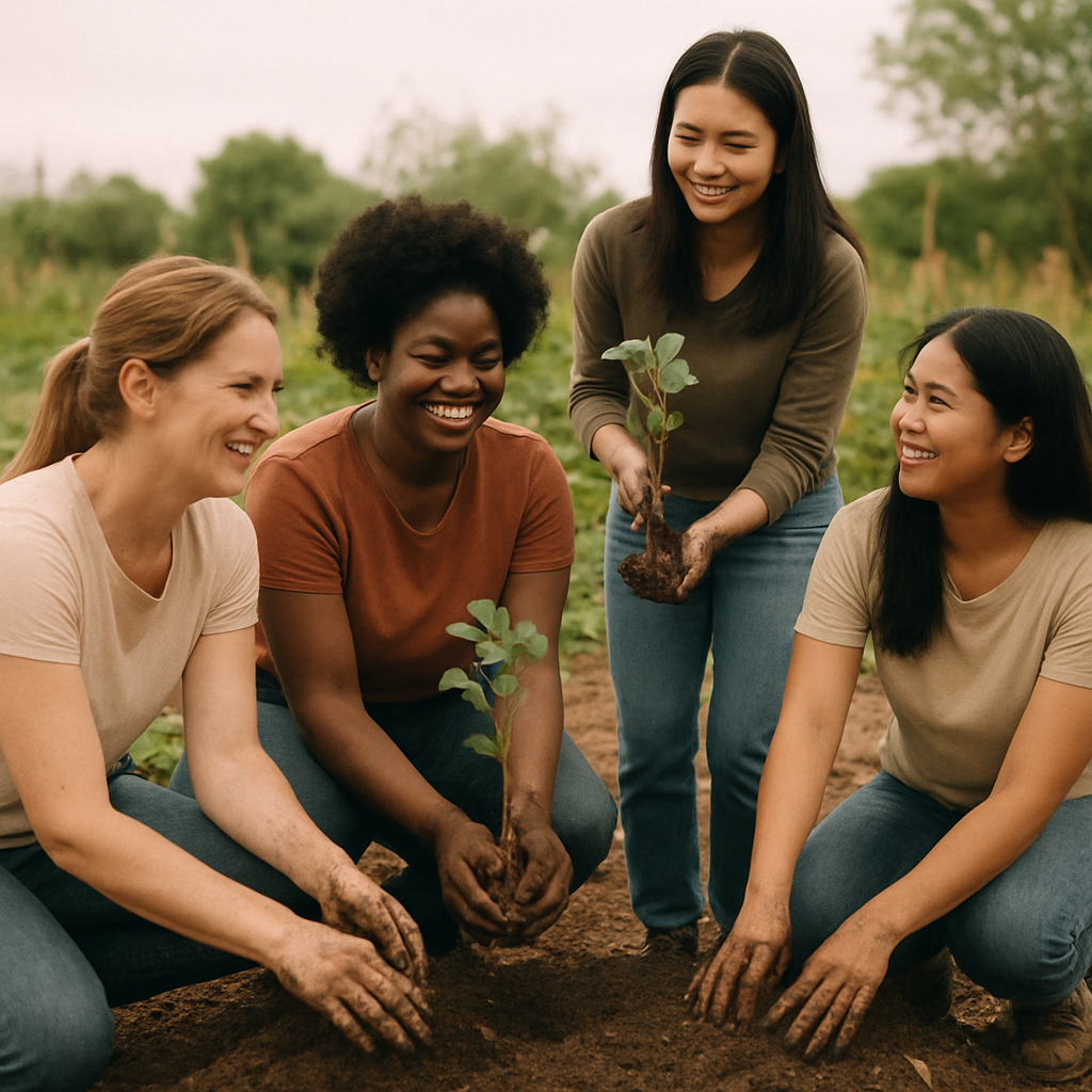 Diverse women working together in community project